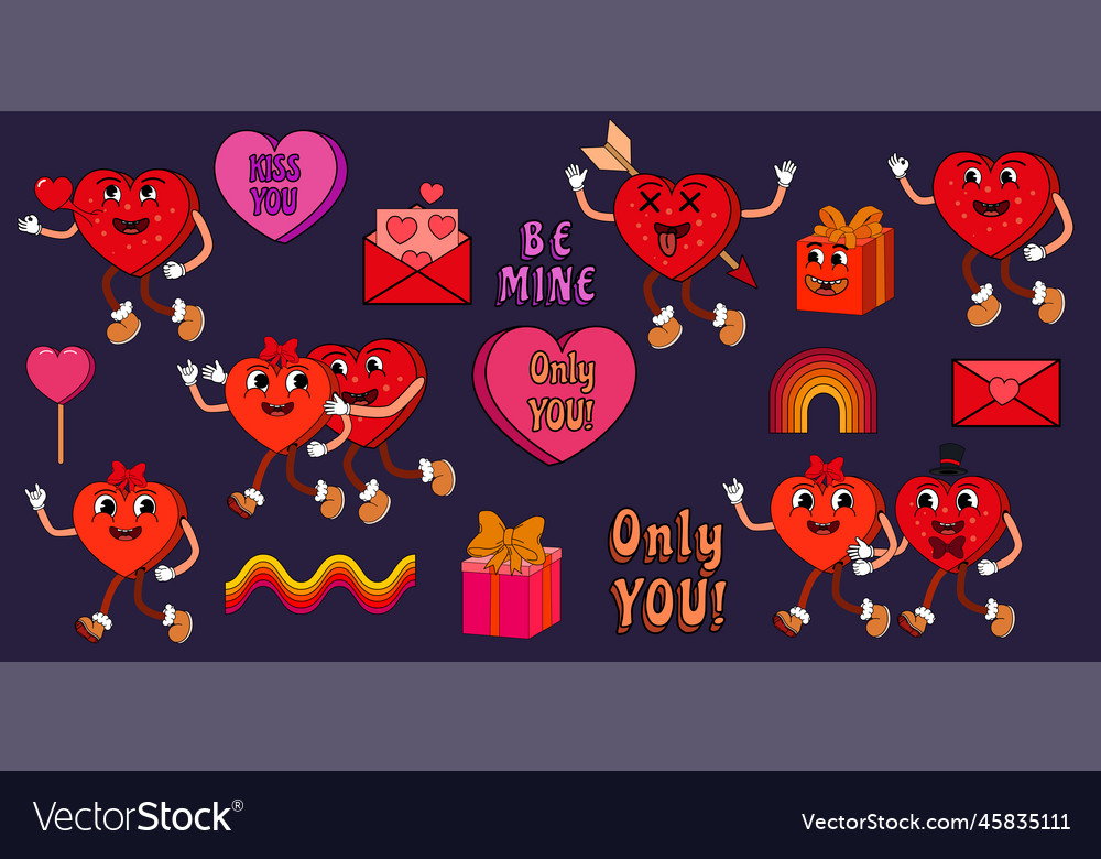 Groovy valentine day icon sticker set trendy