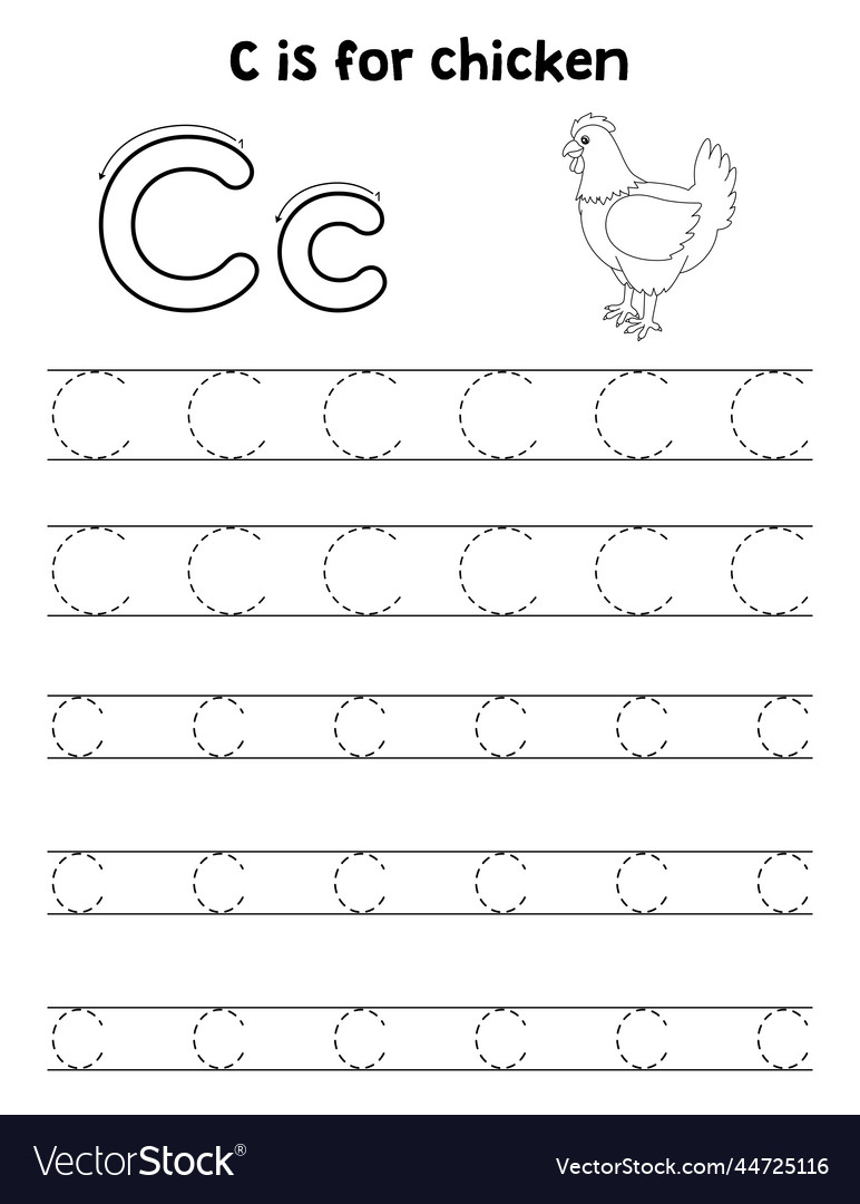 Chicken animal tracing letter abc coloring page c vector image Chicken animal tracing letter abc coloring page c