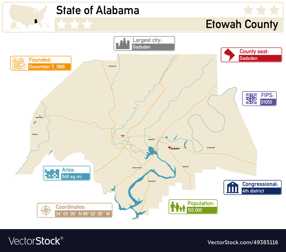 Detailed infographic and map of etowah county Vector Image