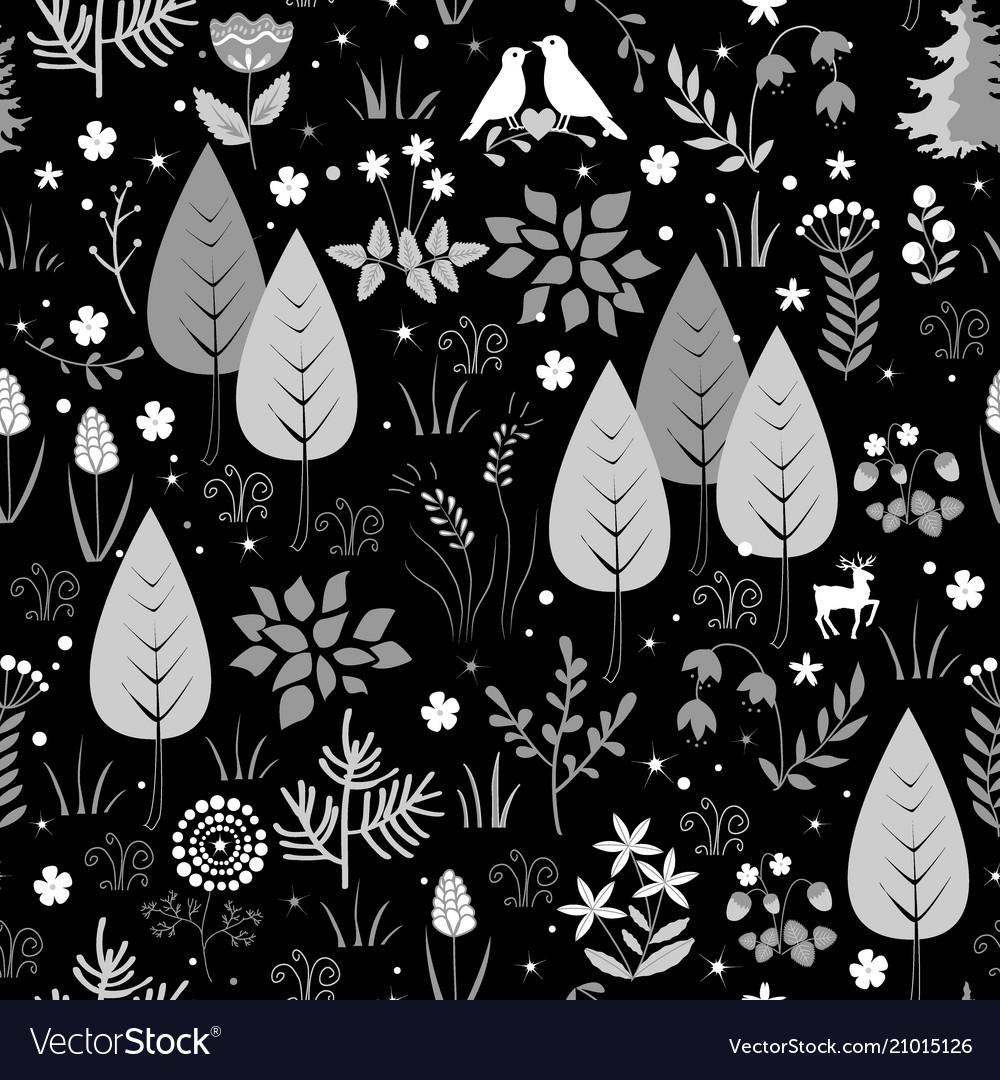 Black and white pattern with birds flowers