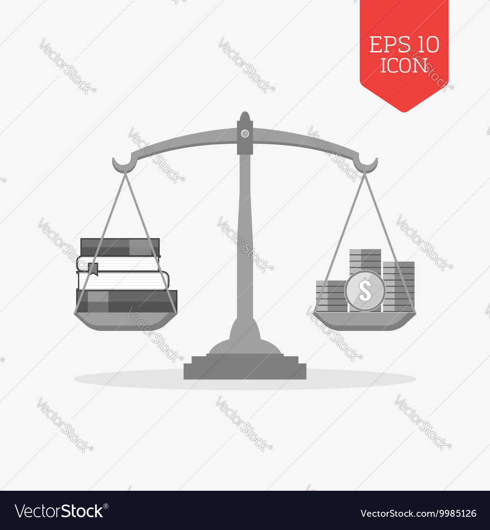 Books and coins on scales icon knowledge is wealth