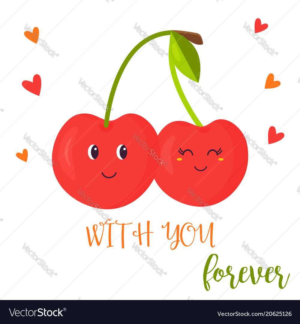 Bright poster with cute couple of sweet cherry