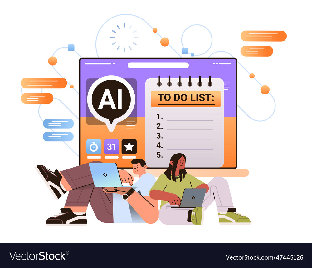Businesspeople completing to-do list in computer vector image Businesspeople completing to-do list in computer