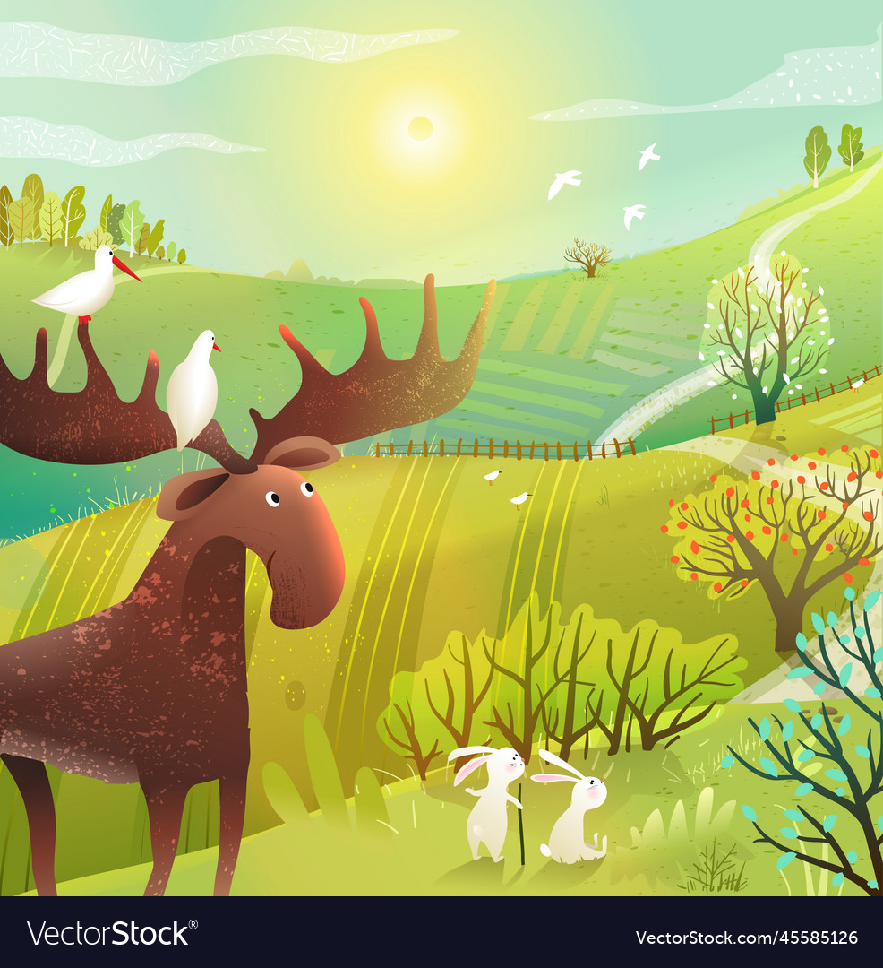 Moose and rabbits in wild nature scenery for kids Vector Image