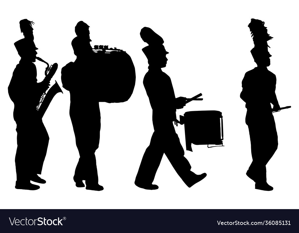 Marching band playing instruments silhouettes vector image Marching band playing instruments silhouettes