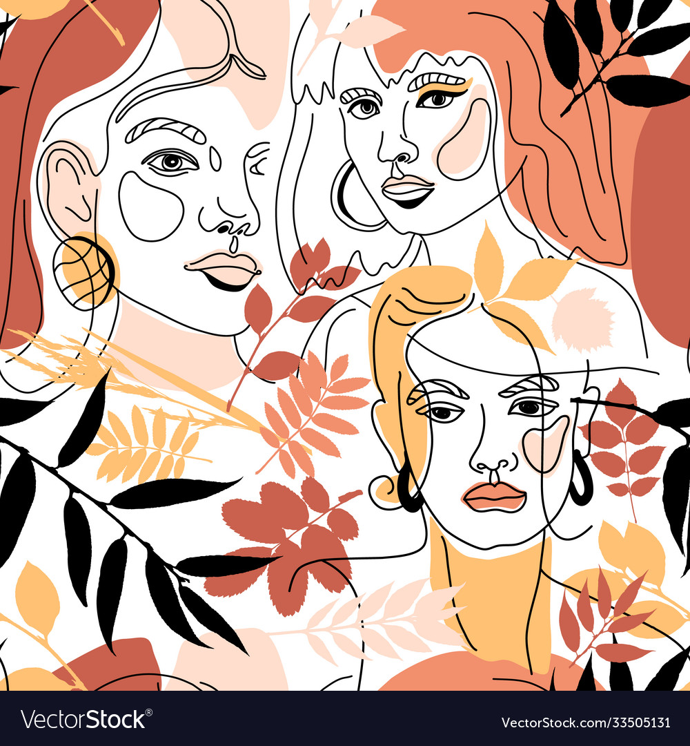 Seamless pattern womans face minimal line style