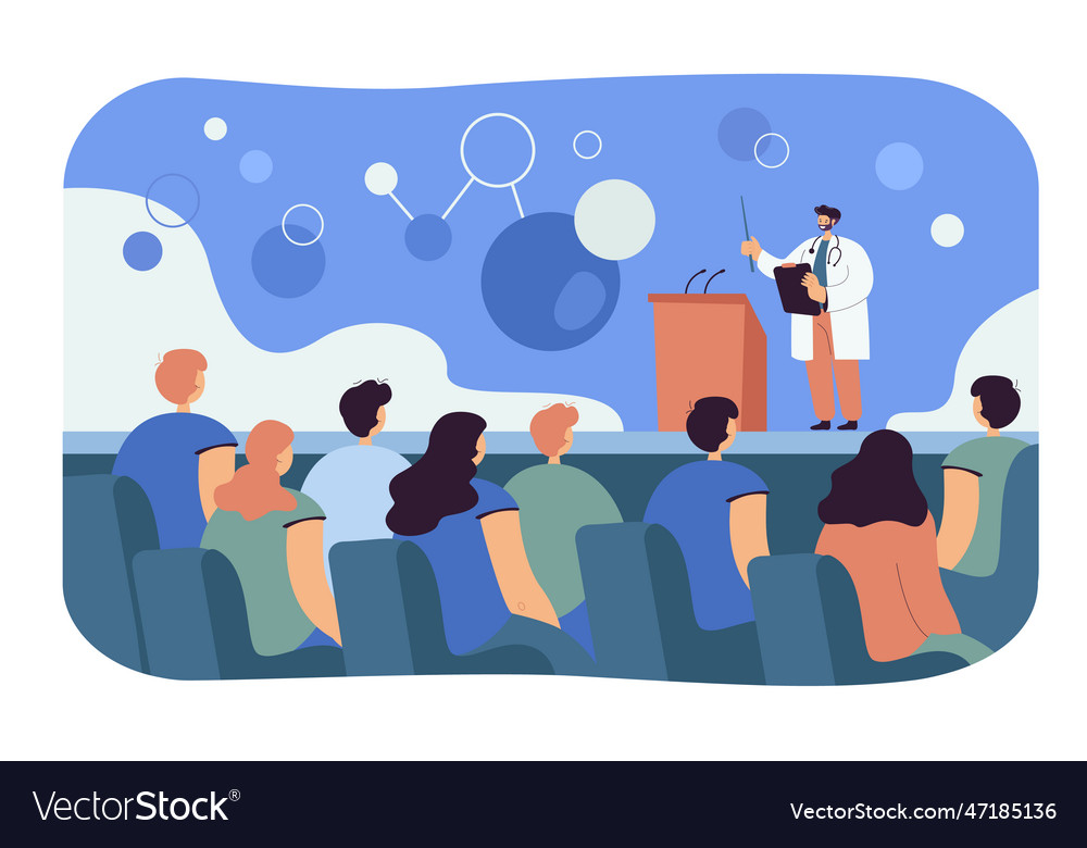 Cartoon doctor talking to audience at medical Vector Image