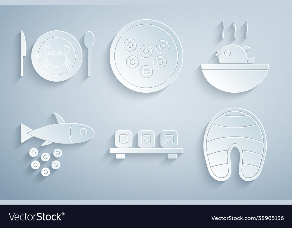 Set sushi on cutting board puffer fish soup fish Vector Image