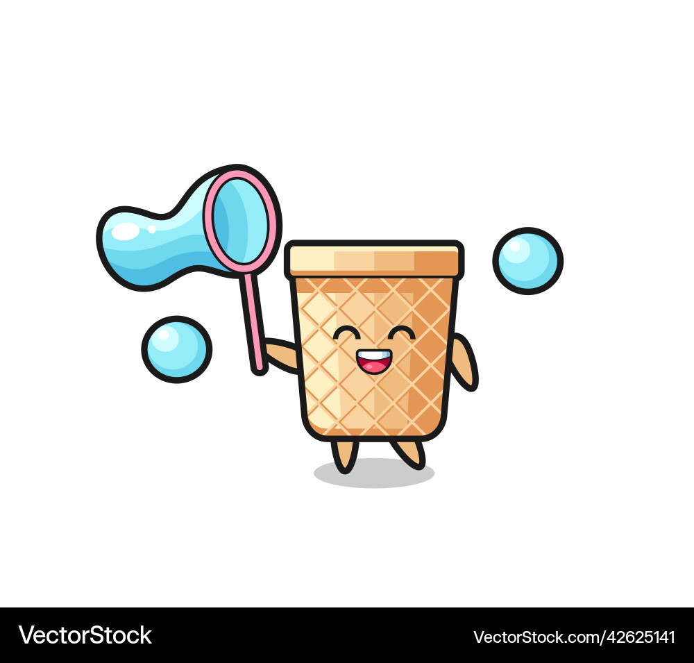 Happy waffle cone cartoon playing soap bubble Vector Image