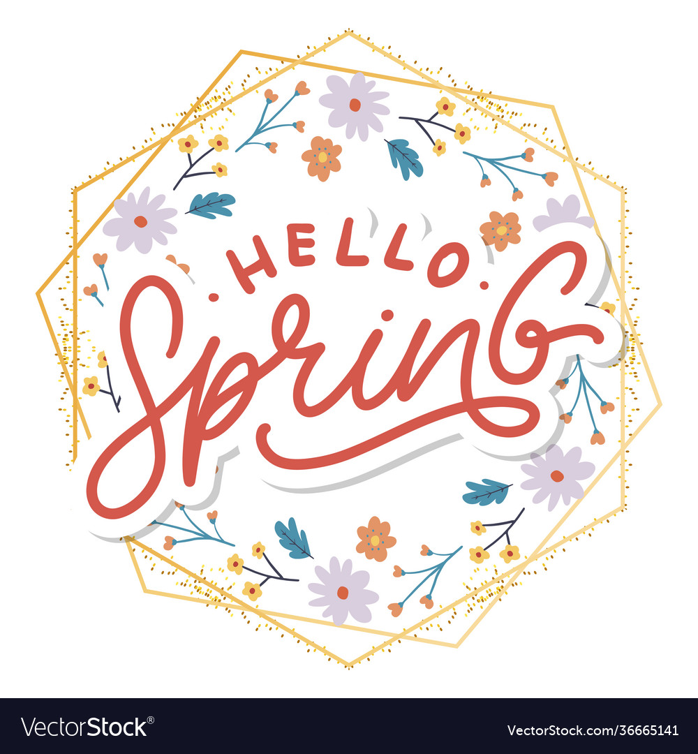 Hello spring flowers text background frame Vector Image