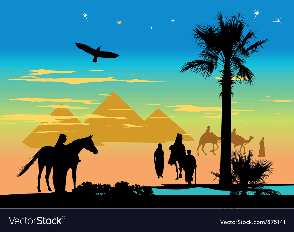 Travelers around the pyramids and palm trees