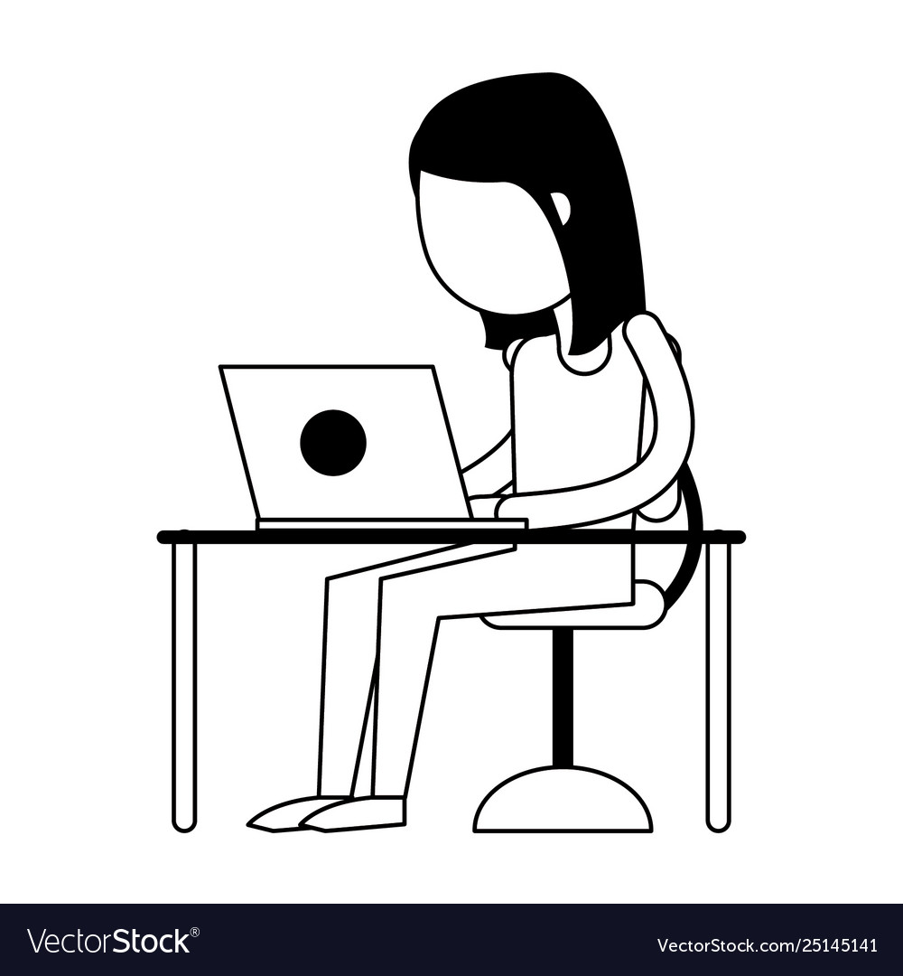 Woman using laptop in black and white Royalty Free Vector
