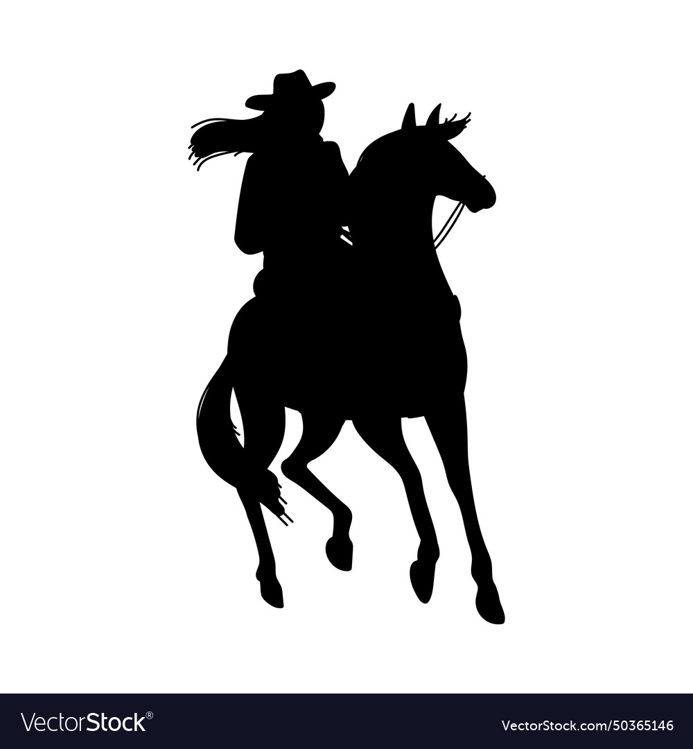 Black Silhouette Of Cowgirl In Hat Rides On Horse Vector Image