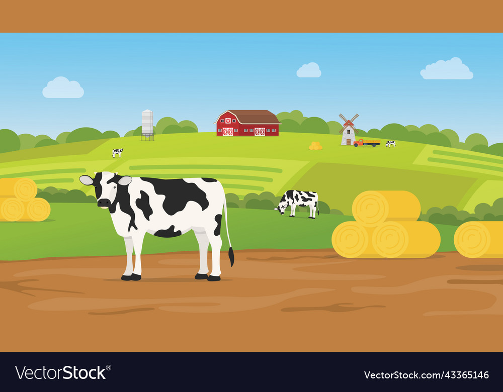 Livestock farm with cow on farming land Royalty Free Vector