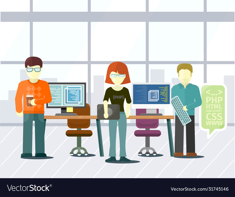 Programmierer die in der Computerentwicklung kodieren vector image Programmierer die in der Computerentwicklung kodieren