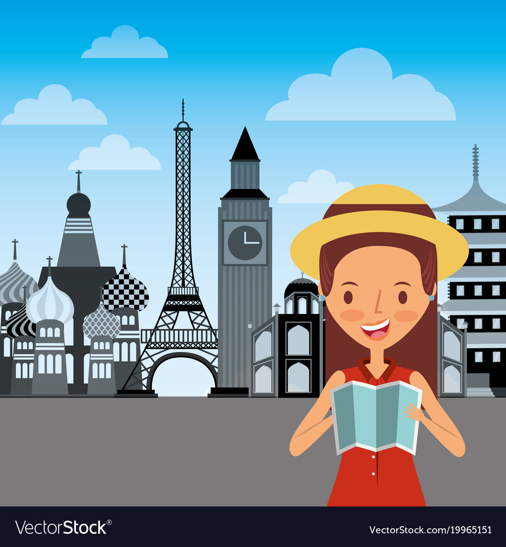Happy girl traveler holding folded map