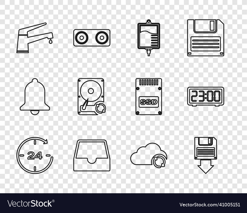 Set line clock 24 hours floppy disk backup iv vector image Set line clock 24 hours floppy disk backup iv