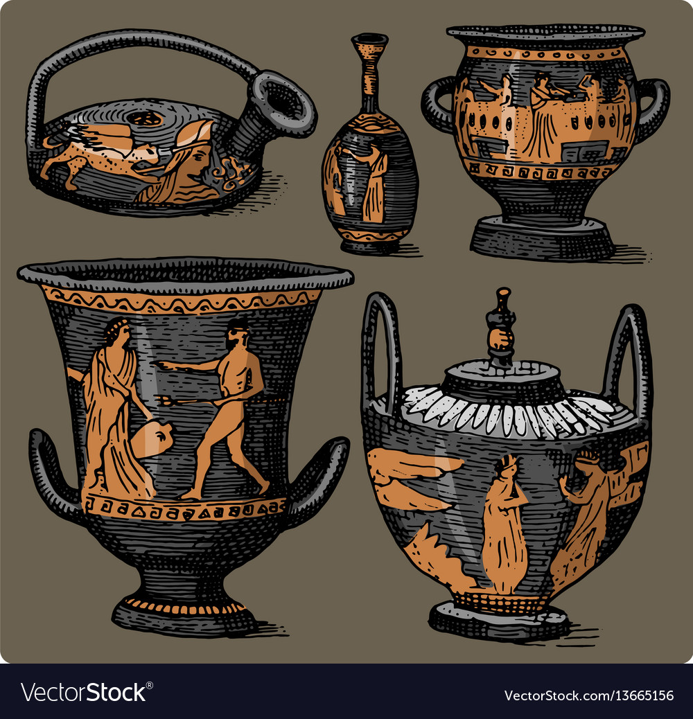 Ancient Greece Antique Amphora Set Vase With Vector Image