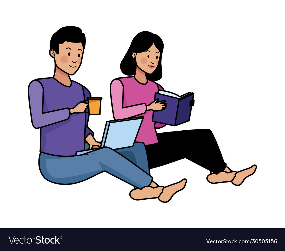 Couple using laptop and reading book