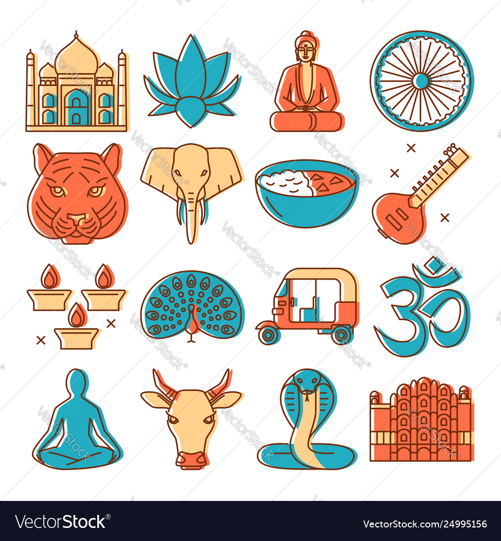 India icons set in colored line style