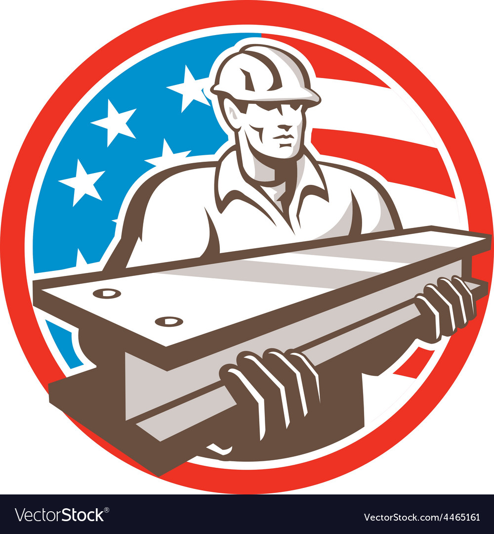 Construction Steel Worker I-beam Usa Flag Circle Vector Image