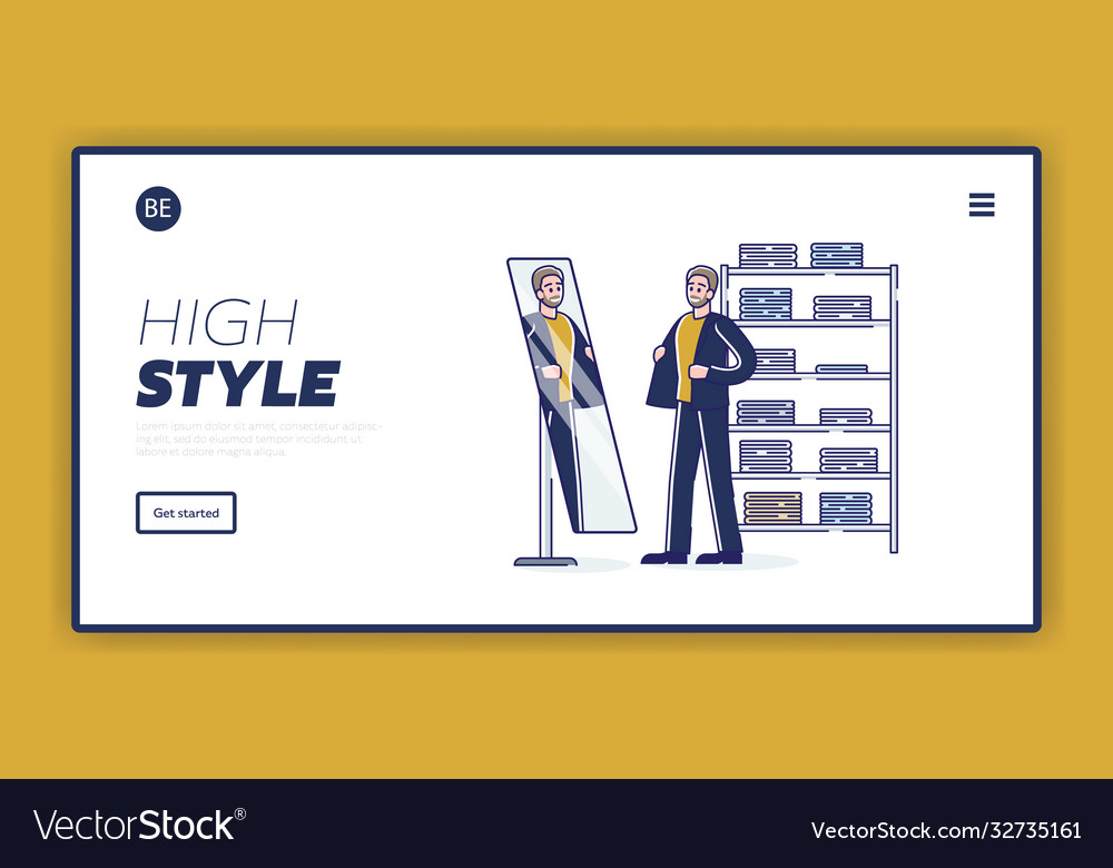 Landing page with man on shopping trying suit