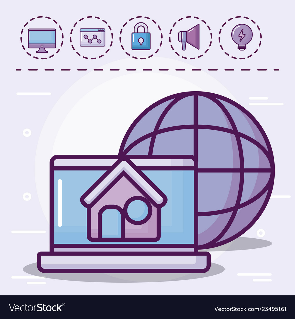 Laptop computer with house and set icons