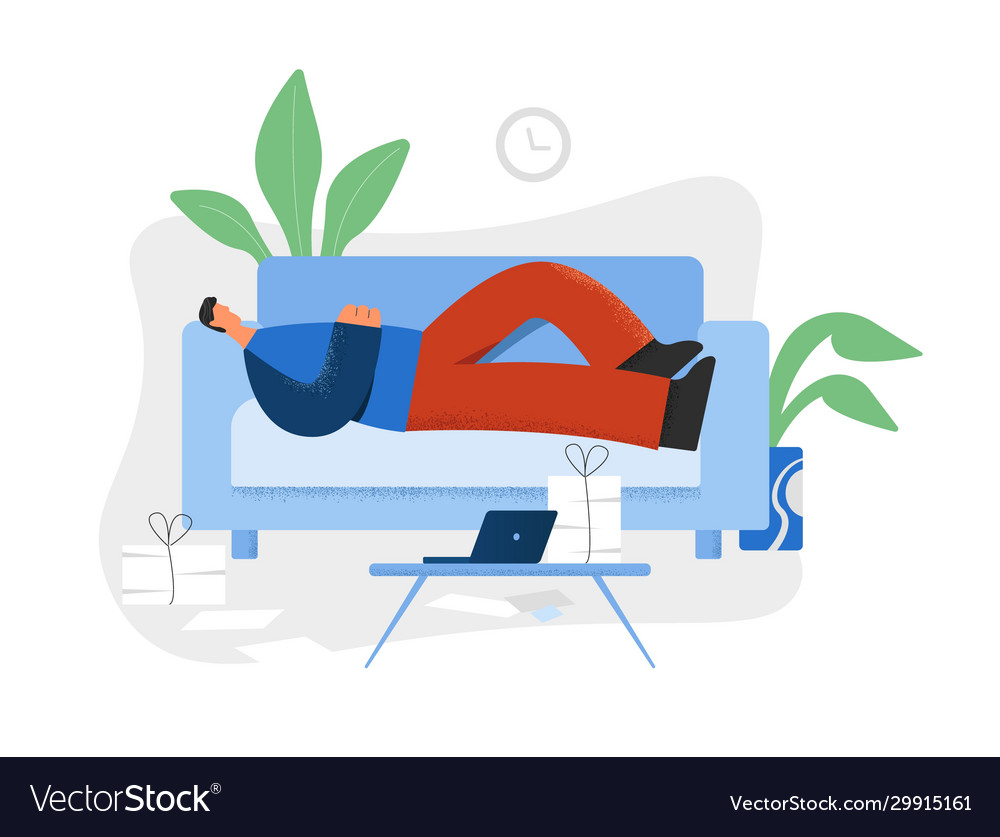 Lazy man lying on couch in front laptop