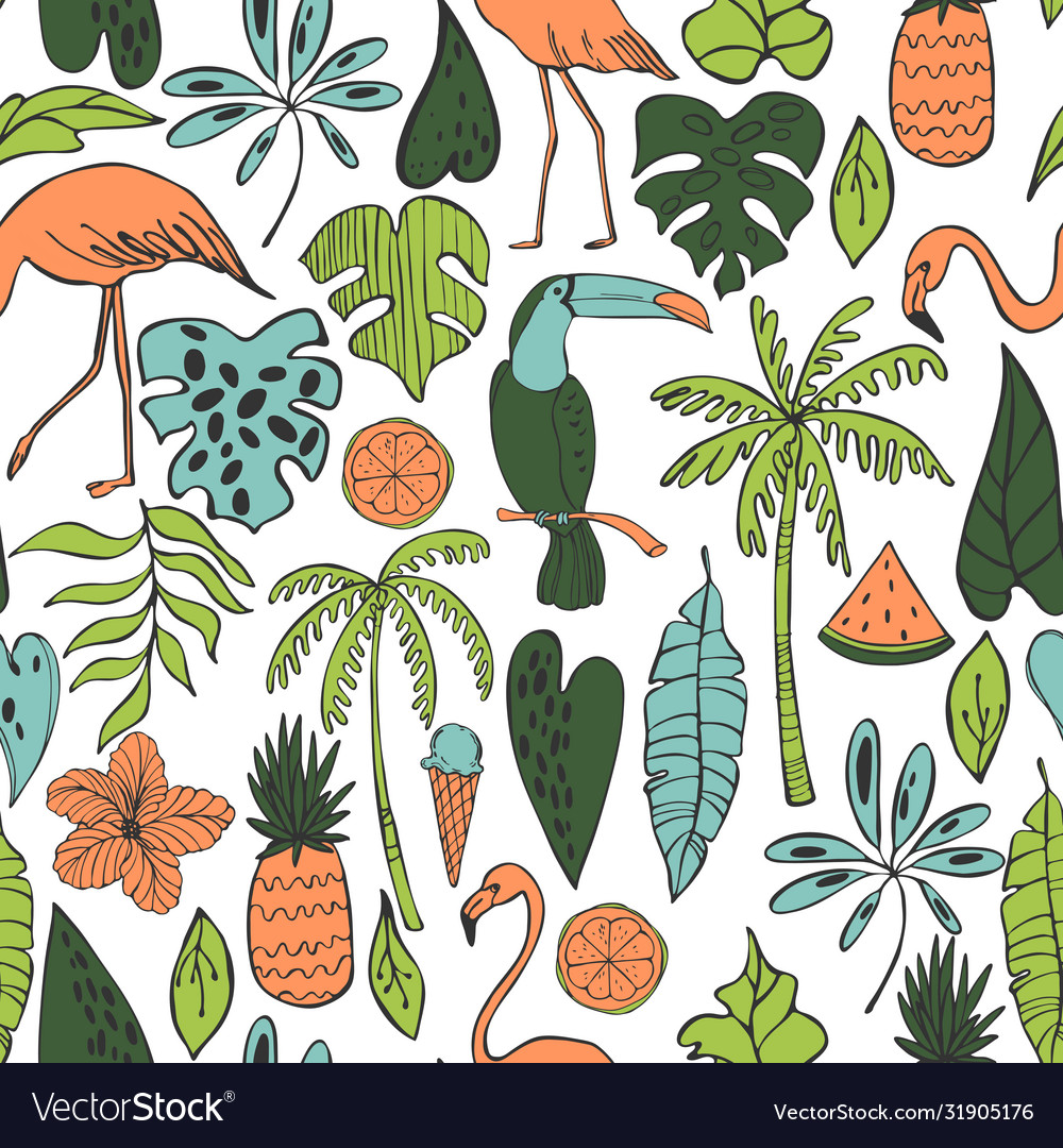 Seamless summer pattern with flamingo toucan