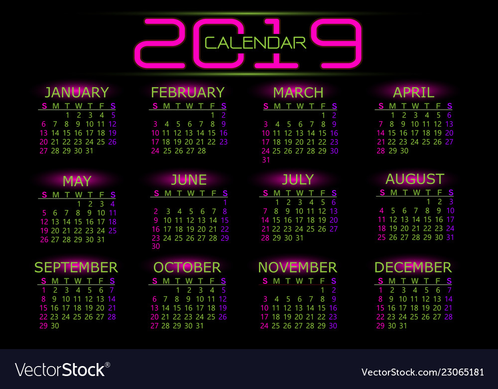 2019 calendar pink green number text on black Vector Image