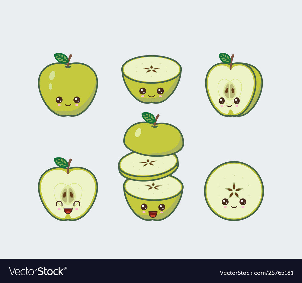 Apple set drawn cute kawaii food faces