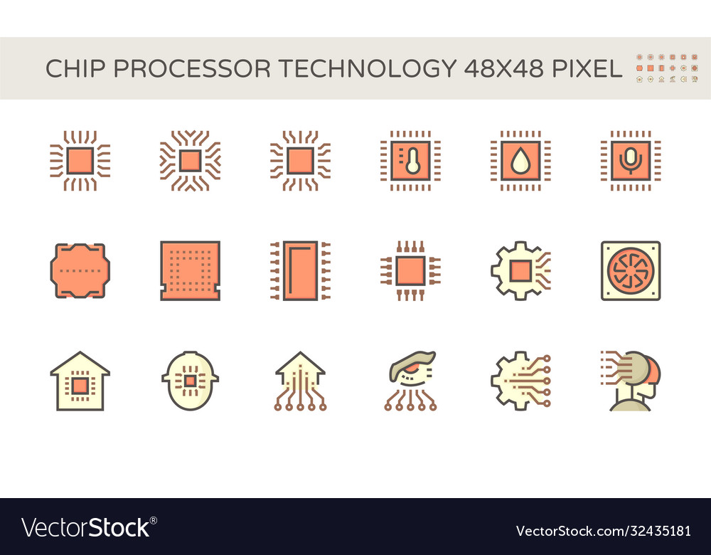 Computer chip processor and technology icon set vector image Computer chip processor and technology icon set