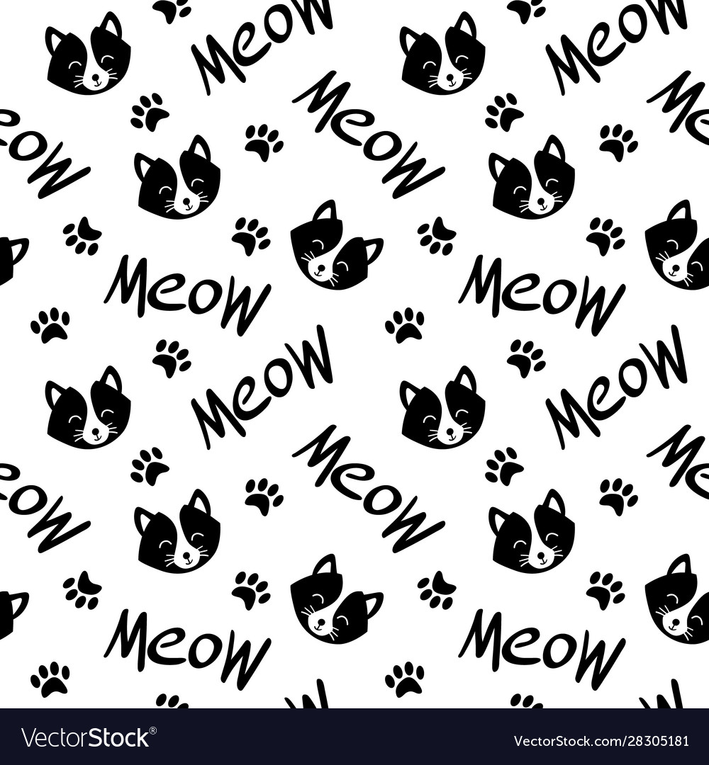 Seamless pattern with black and white cat faces