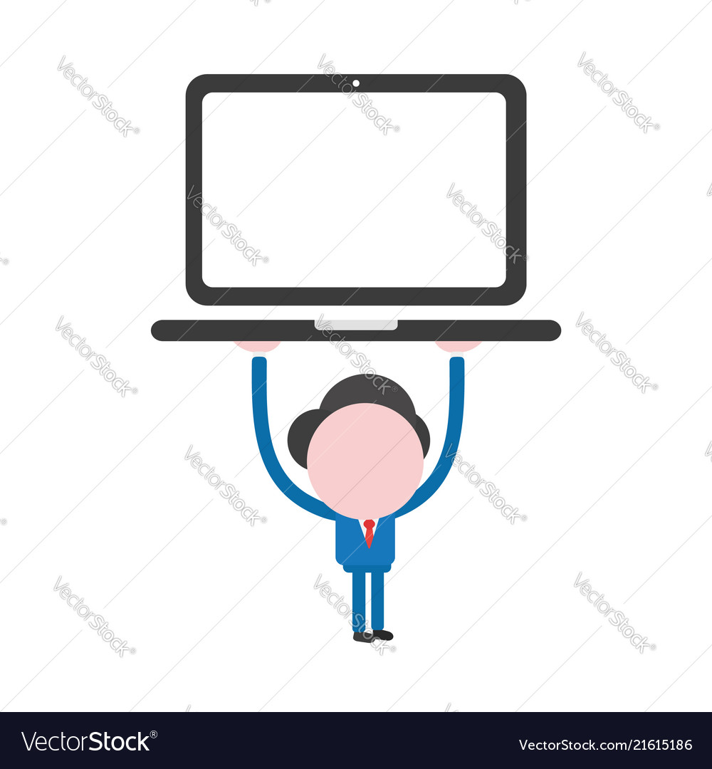 Businessman character holding up laptop computer