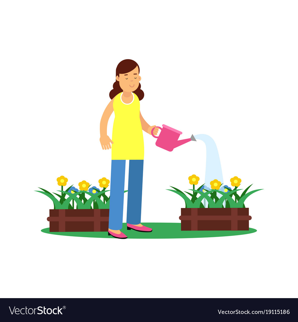 Cute brunette young girl character watering Vector Image