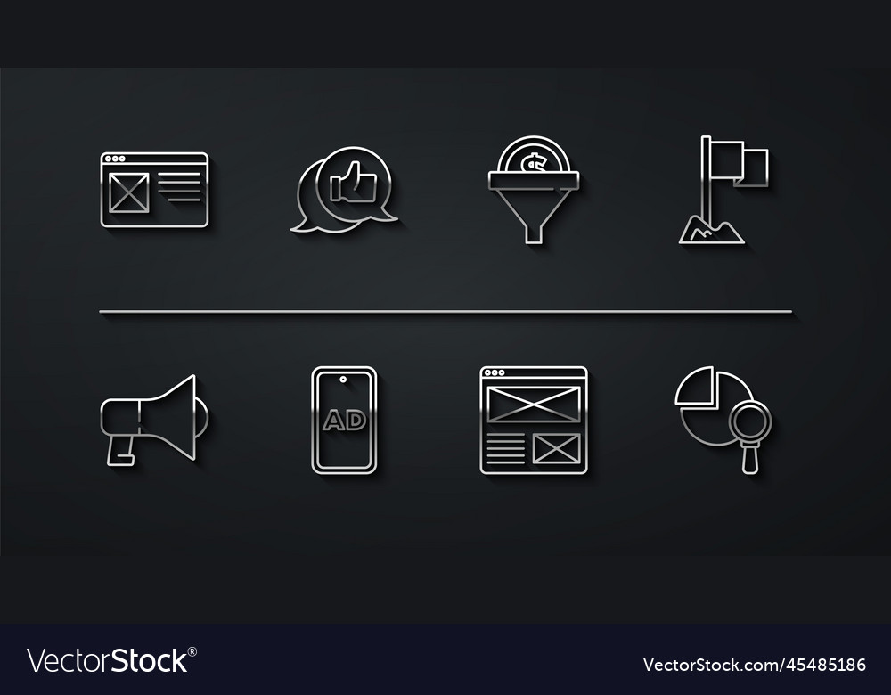 Set line browser window megaphone location vector image Set line browser window megaphone location