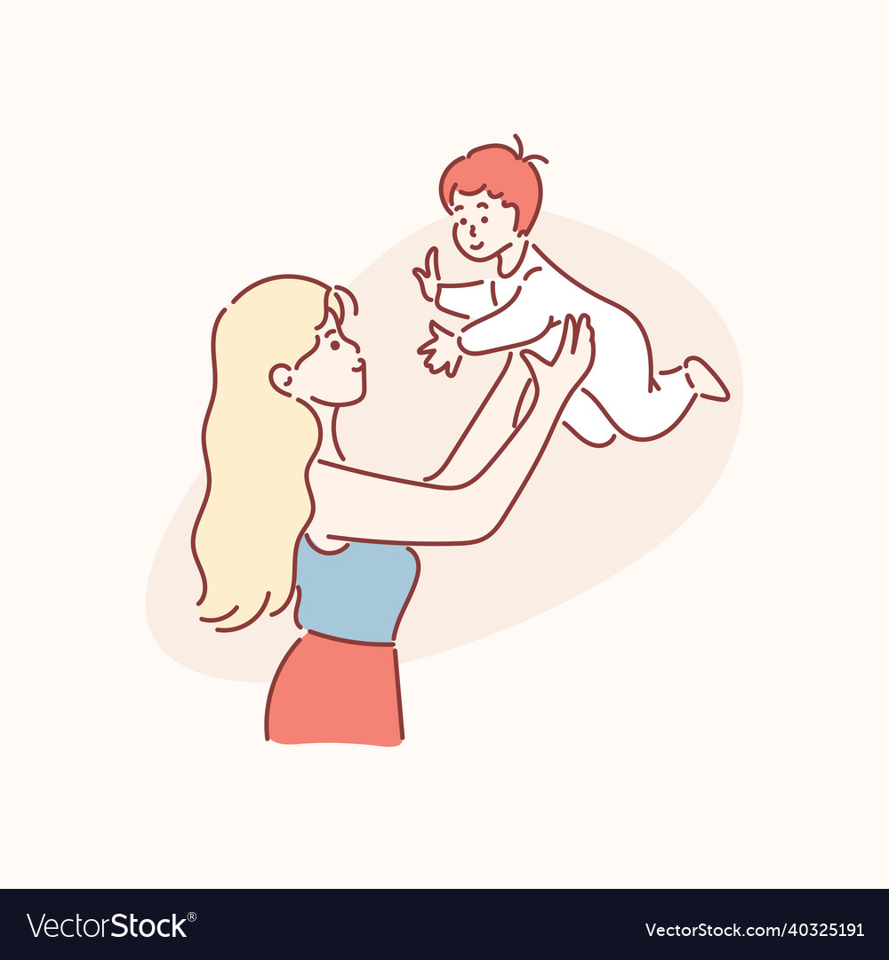 Mother picks up toddler boy on arms laughing Vector Image