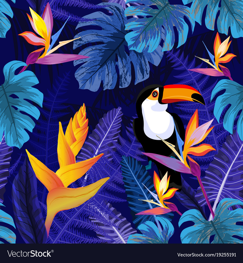 Seamless pattern with flowers and toucan bird