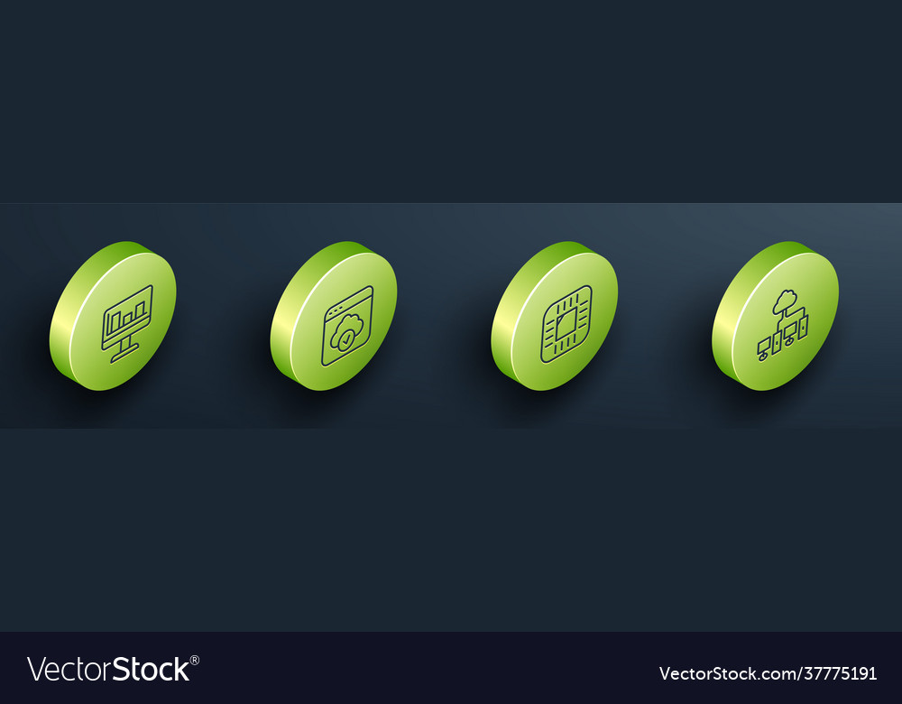 Set isometric line monitor with graph chart cloud vector image Set isometric line monitor with graph chart cloud