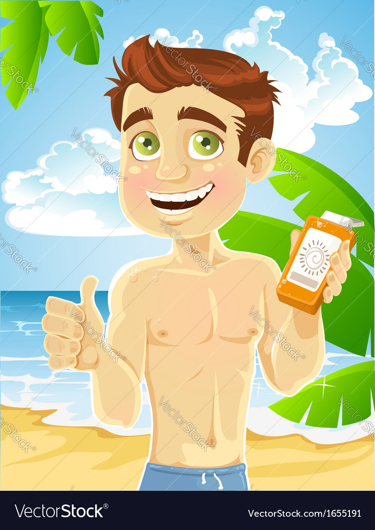 Young man on the beach with cream for sunburn