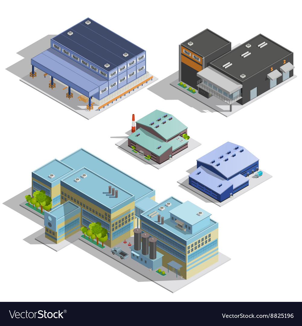 Factory warehouse isometric images set