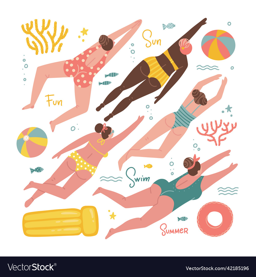 Set von Figuren schwimmen Frauen in Badeanzügen vector image Set von Figuren schwimmen Frauen in Badeanzügen