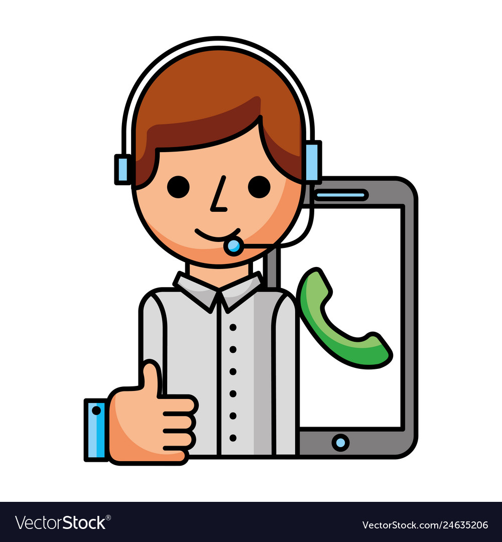 Call center boy with smartphone helpline like Vector Image