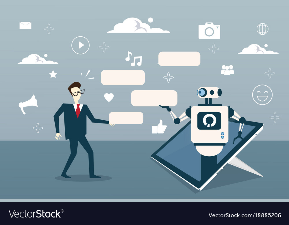 Man chatting with chat bot from digital tablet