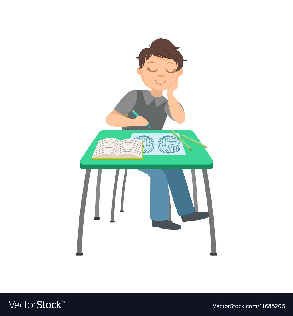 Schoolboy Sitting Behind The Desk In School Class Vector Image