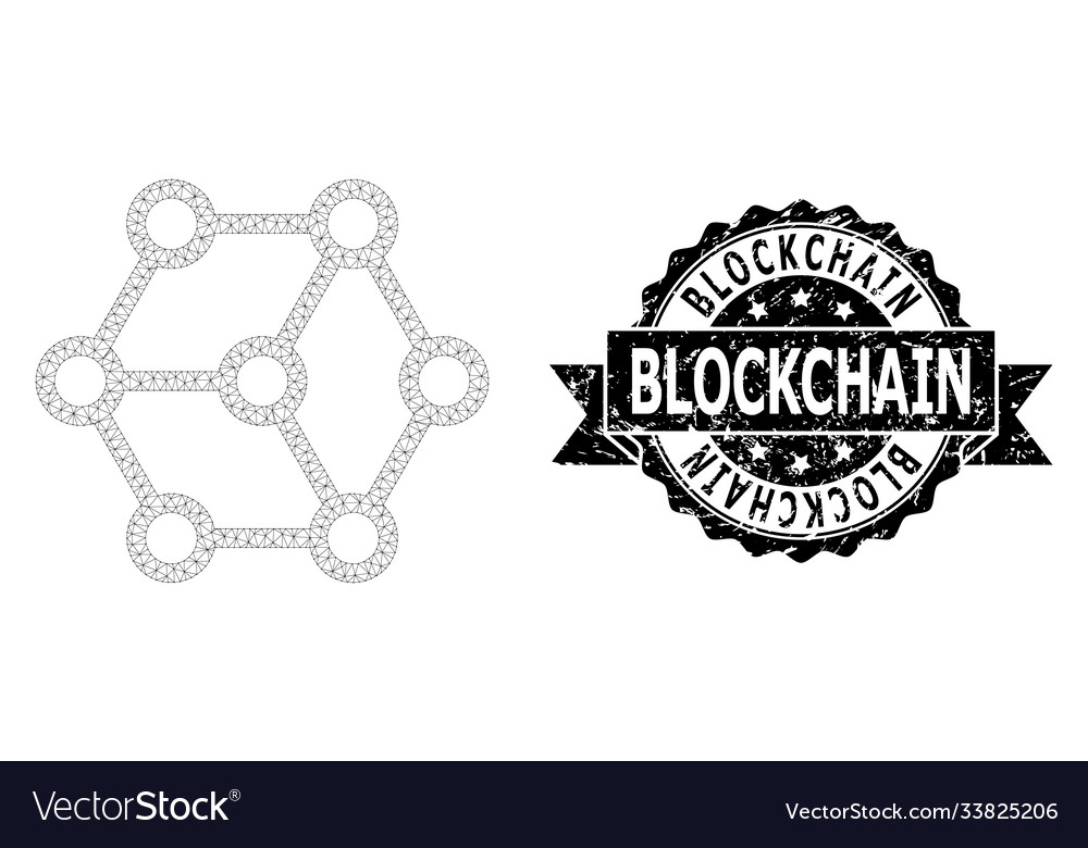 Textured blockchain ribbon seal stamp and mesh vector image Textured blockchain ribbon seal stamp and mesh