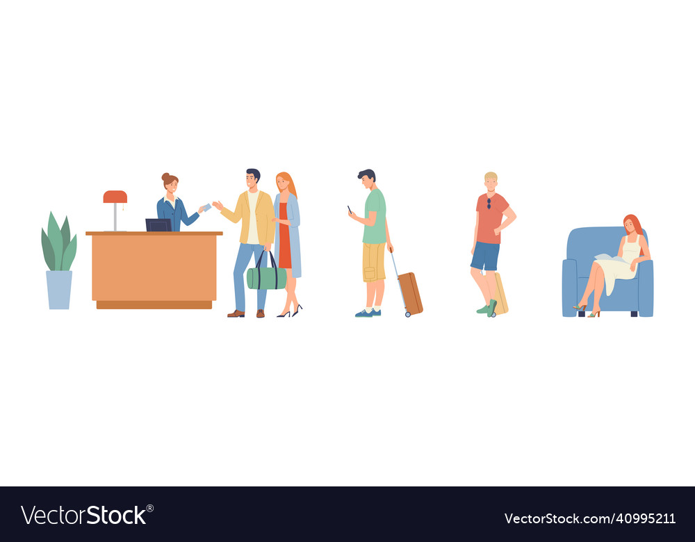 Lobby with the tourists in queue vector image Lobby with the tourists in queue