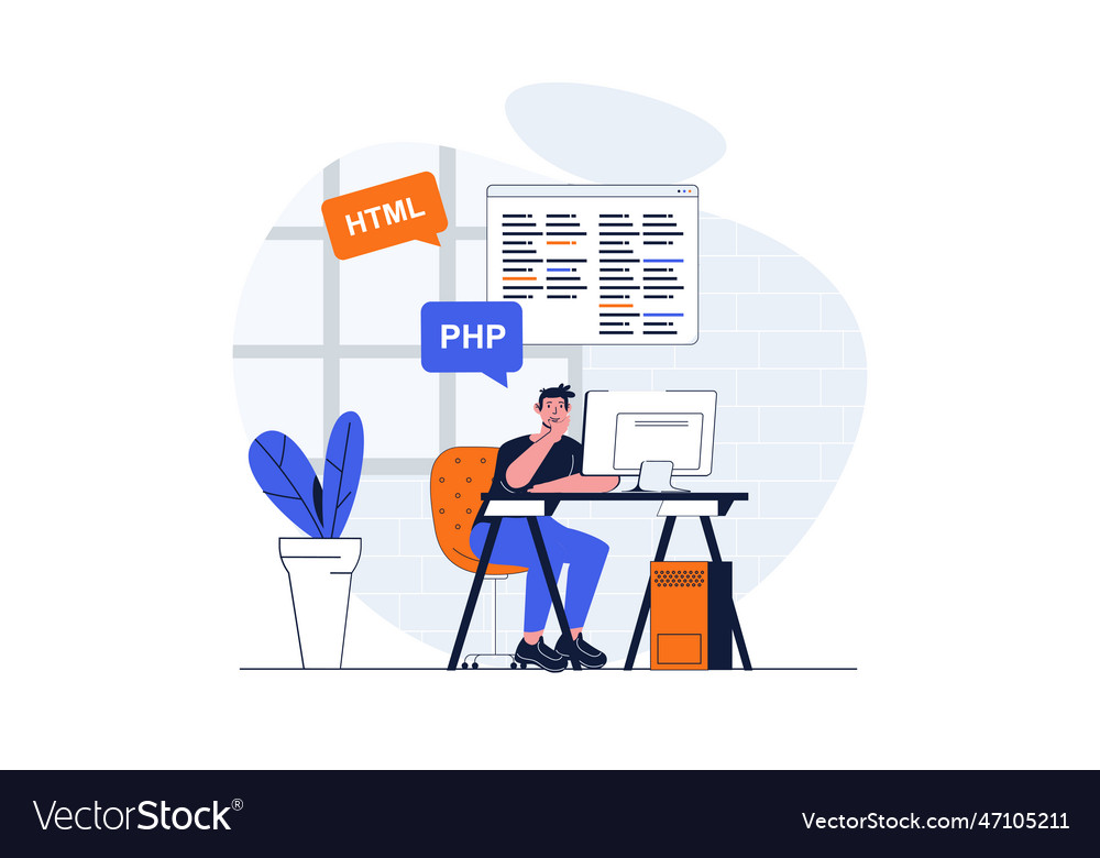 Programming web concept with character scene Vector Image