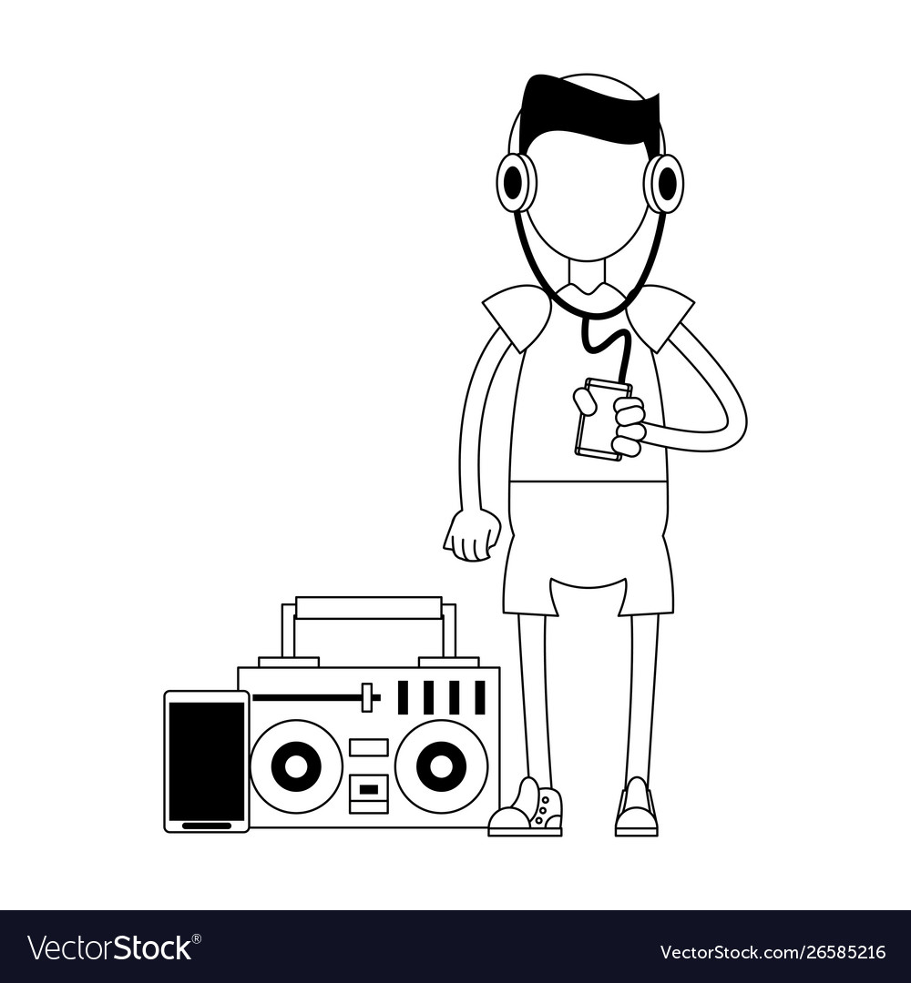 Hipster boy with music player in black and white