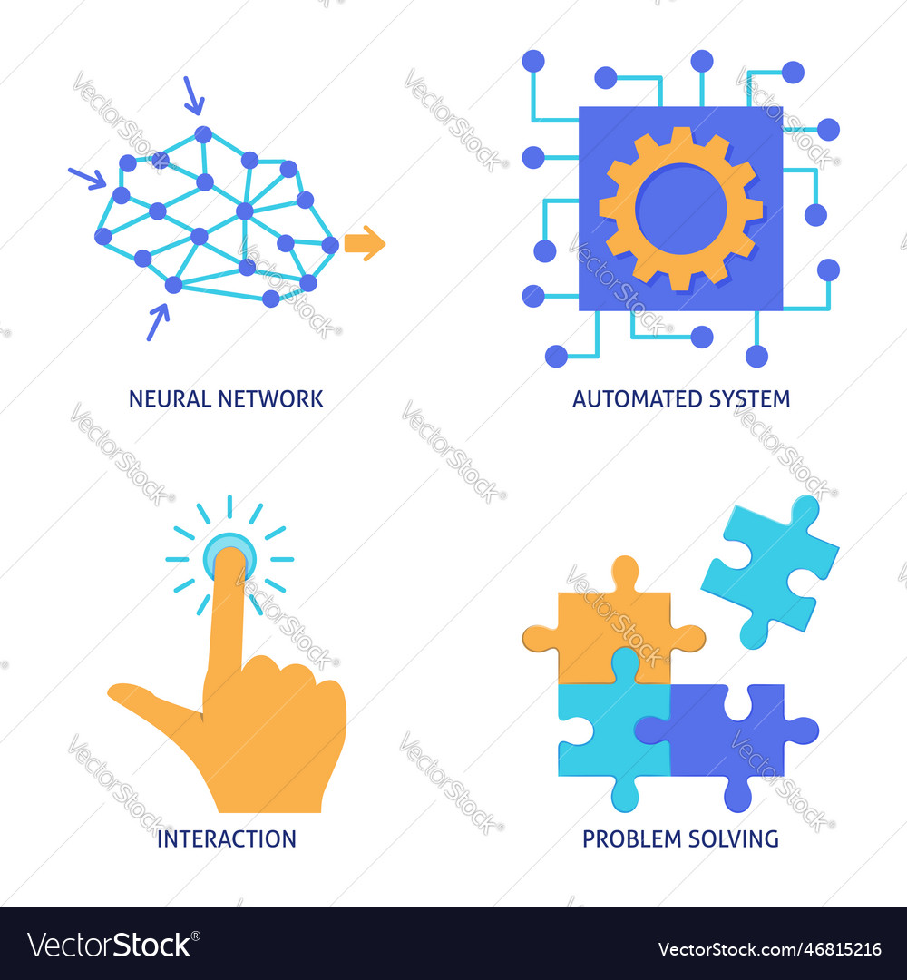 Neural network and automated systems flat icon set vector image Neural network and automated systems flat icon set